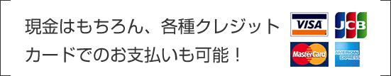 現金はもちろん、各種クレジットカードでのお支払いも可能!